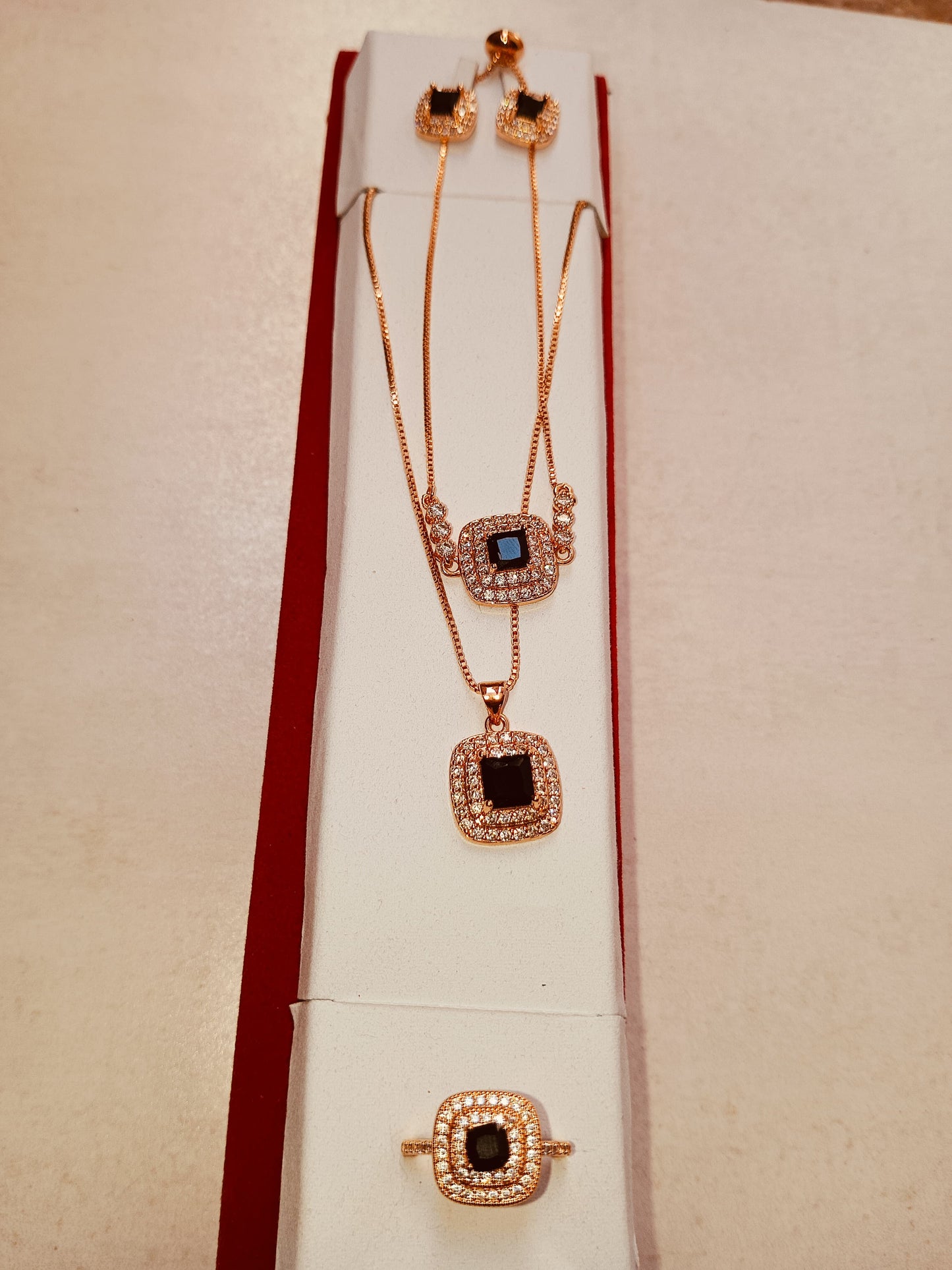 Elegant Rose Gold Jewelry Set with Black Square Stones
