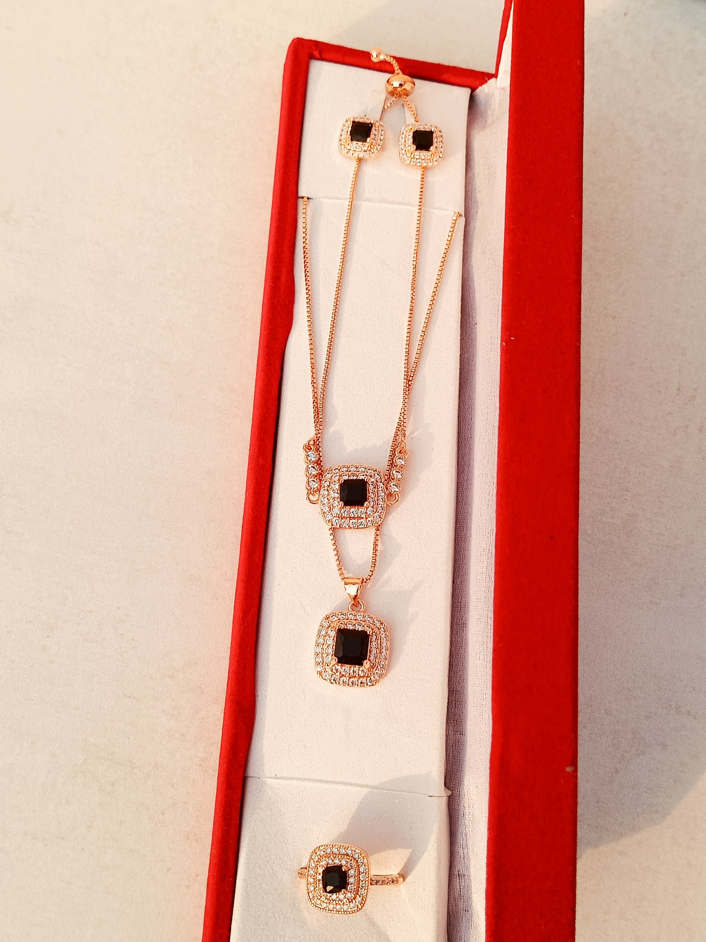 Elegant Rose Gold Jewelry Set with Black Square Stones