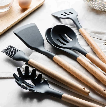 12Pcs/Set Wooden Handle Silicone Spoons